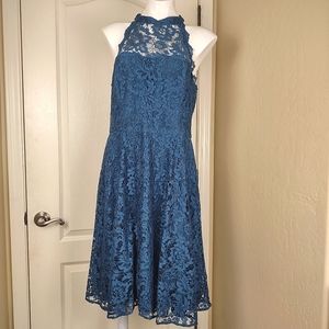 Eliza J lace midi sheath halter backless dress size 14 color blue
